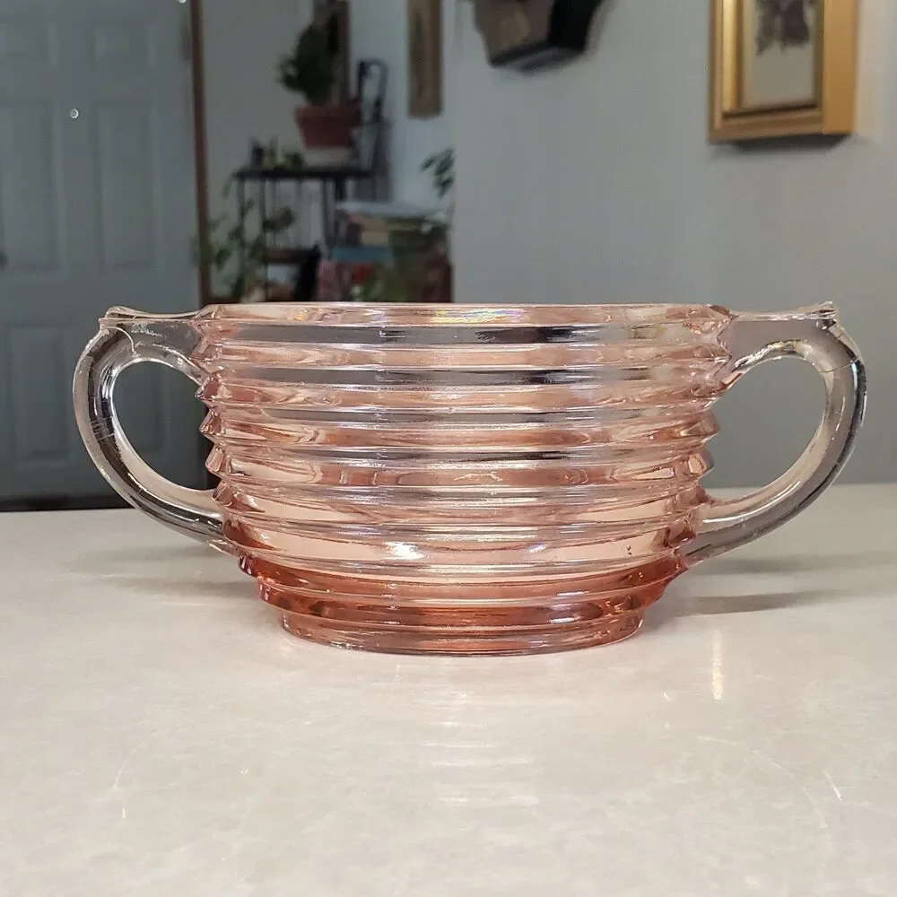 Anchor Hocking Pink Depression Glass Sugar Bowl Manhattan Pattern